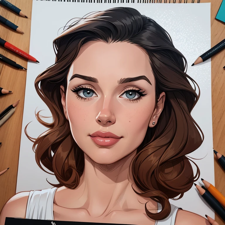 A drawing of a woman with brown hair and blue eyes - SeaArt AI