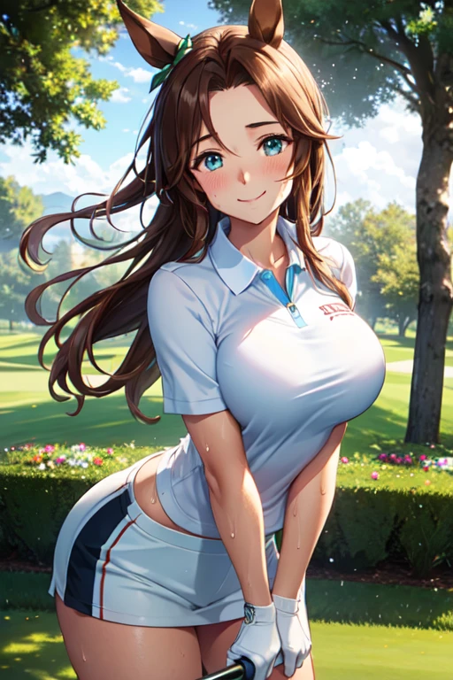 (alta calidad, Alta resolución, finos detalles), Realista, Mejiro Palmer \(umamusume\), mujer, jugador de golf, jardín, césped verde,Deportivo, Físico atlético, expresión segura, Golfista profesional, elegant pose, traje de moda, luz de sol, hojas susurrando en el viento, Ambiente pausado, Belleza escénica, mañana de verano, solo, Mujer curvilinea, Ojos chispeantes, (ojos detallados), (sonrisa), rubor, (sudor), (piel grasosa), poca profundidad de campo