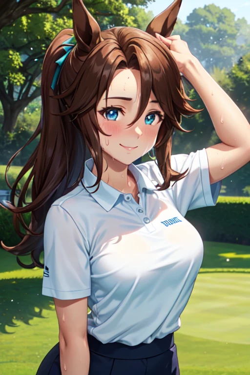 (alta calidad, Alta resolución, finos detalles), Realista, Mejiro Palmer \(umamusume\), mujer, jugador de golf, jardín, césped verde,Deportivo, Físico atlético, expresión segura, Golfista profesional, elegant pose, traje de moda, luz de sol, hojas susurrando en el viento, Ambiente pausado, Belleza escénica, mañana de verano, solo, Mujer curvilinea, Ojos chispeantes, (ojos detallados), (sonrisa), rubor, (sudor), (piel grasosa), poca profundidad de campo