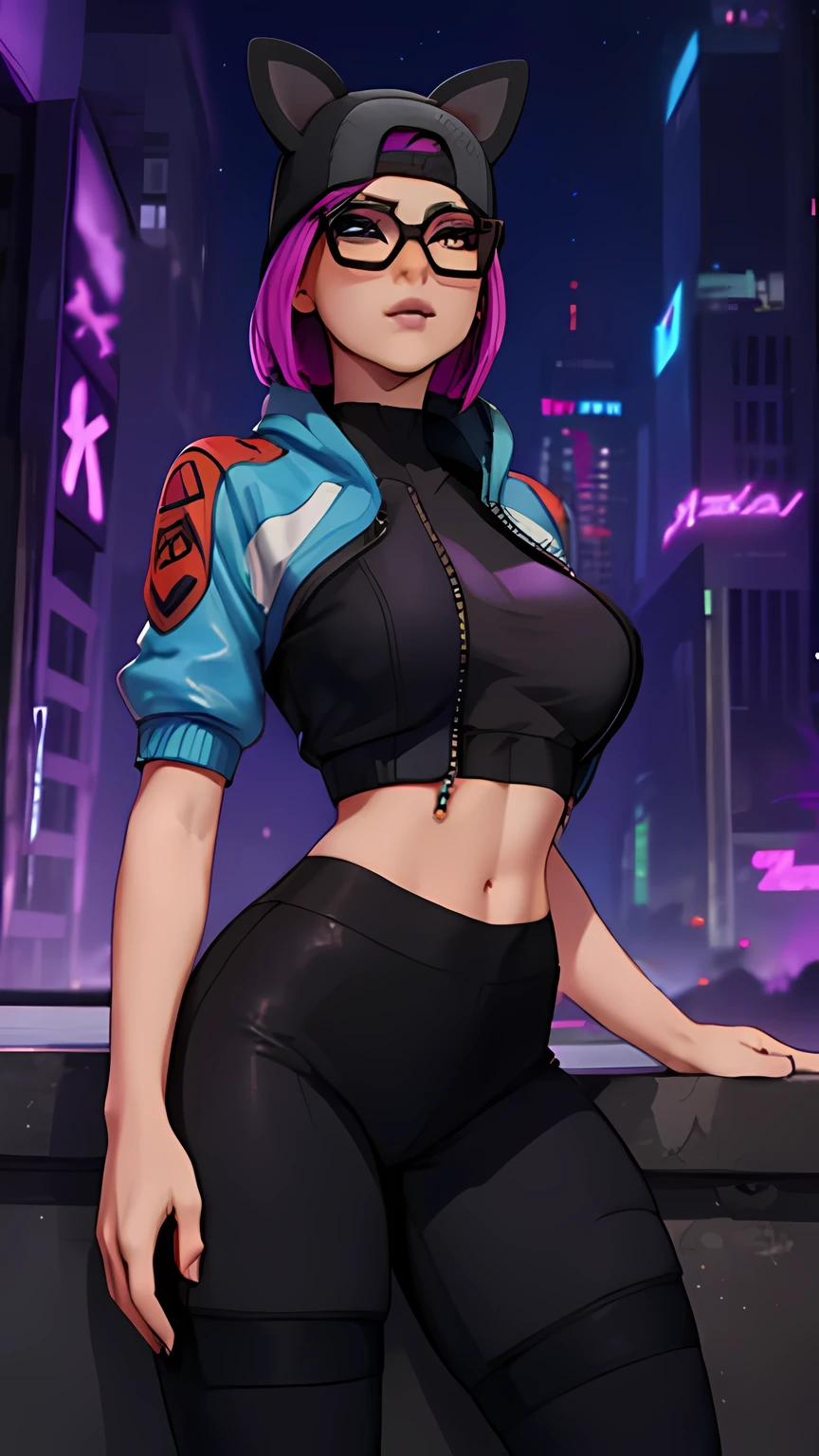 lince Cyberpunk , cap , black shorts with navy blue leggings, navy blue jacket ,extremely detailed, Detailed face, glasses ,beautiful face, fine eyes, looking at the viewer, feminine pose, evening 