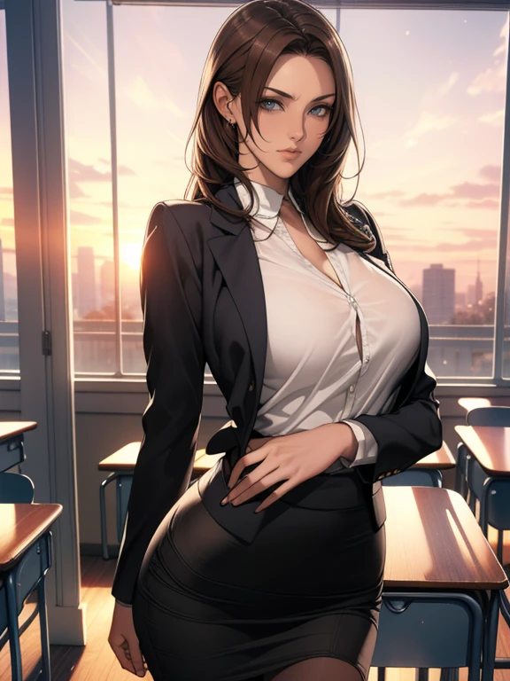 (8k,Photorealistic, masutepiece, Best Quality, Raw photo:1.3)、1woman in, 25years old,Solo,school girl, Long hair, Brown hair, Detailed beautiful face, alluring face, (Detailed beautiful brown eyes:1.2), medium breasts,(loose suit, sheer pencil Skirt :1.35), ( Perfect body skinny beauty: 1.4),( temptation Pose:1.3), (Looking at Viewer, front view,eyes focus:1.2), Detailed background, (sunset:1.2), classroom,fine detailed, intricate detailes,  Ray tracing, depth of fields, seductive smile,classroom,