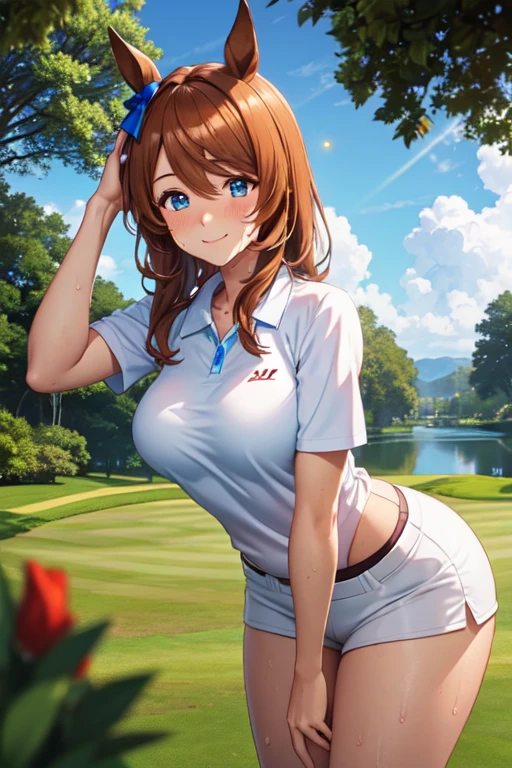 (High quality, High resolution, Fine details), Realistic, Super Creek \(umamusume\), woman, golf player, garden, green grass,sporty, athletic physique, confident expression, professional golfer, elegant pose, fashionable outfit, sunlight, leaves rustling in the wind, leisurely atmosphere, scenic beauty, summer morning, solo, curvy women, sparkling eyes, (Detailed eyes), (smile), blush, (Sweat), (Oily skin), shallow depth of field