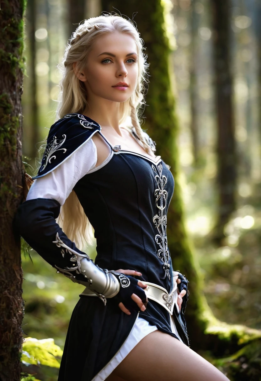 Meisterwerk, a beautiful elf, Adriana Malkova, (delicate filigrane white mediaval armor), (small breasts), (perfect body), (blondes, langes Haar), outside, (Hauttextur:1.1), best quality, ultra high resolution, Sharp Focus, RAW-Foto, Hintergrundbeleuchtung, Felgenlicht, helles Sonnenlicht, Filmkorn:1.2, (warmer Farbton, warmer Ton:1.2), (Farbfoto), Fantasy, in a black dream world, black forest, in a black forest, amazing depth, black mood in background, shades of black, photography