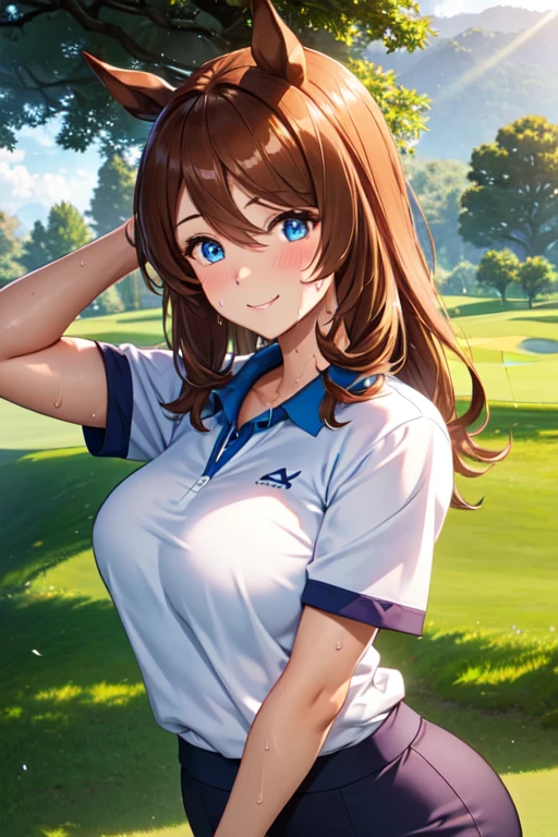 (High quality, High resolution, Fine details), Realistic, Super Creek \(umamusume\), woman, golf player, garden, green grass,sporty, athletic physique, confident expression, professional golfer, elegant pose, fashionable outfit, sunlight, leaves rustling in the wind, leisurely atmosphere, scenic beauty, summer morning, solo, curvy women, sparkling eyes, (Detailed eyes), (smile), blush, (Sweat), (Oily skin), shallow depth of field