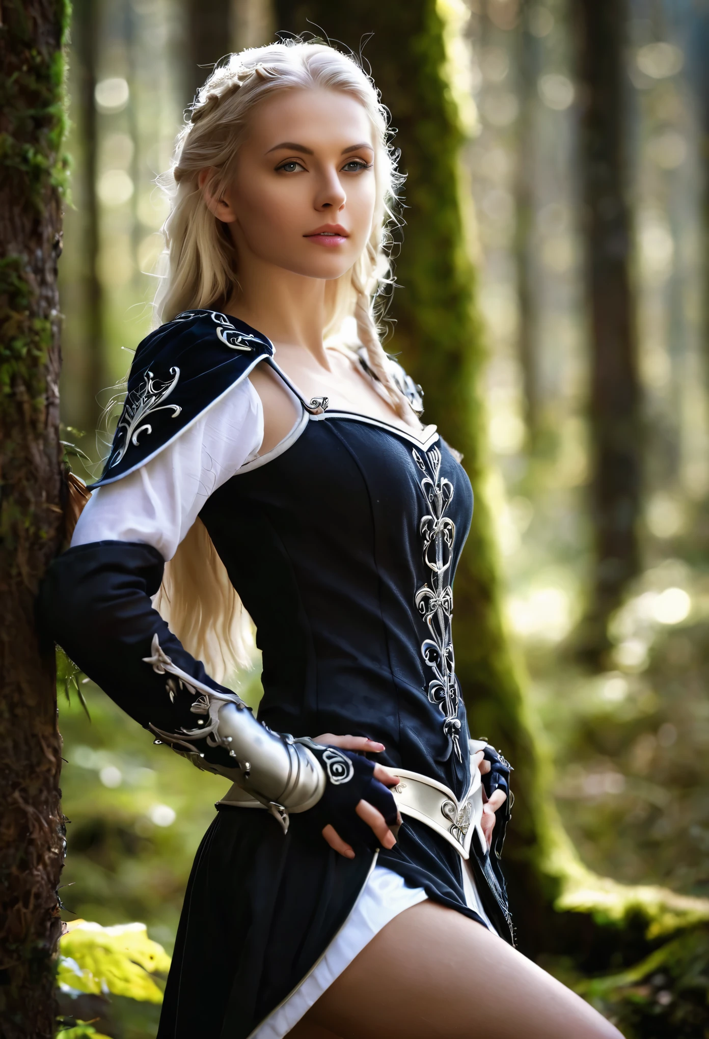 ​masterpiece, a beautiful elf, Adriana Malkova, (delicate filigrane white mediaval armor), (small breasts), (perfect body), (blondes, length hair), outside, (Skin texture:1.1), best quality, ultra high resolution, Sharp Focus, RAW-Foto, Contre-Jour, rim light, bright sunlight, film grain:1.2, (warm hue, warmer Ton:1.2), (color photo), Fantasy, in a black dream world, black forest, in a black forest, amazing depth, black mood in background, shades of black, photography