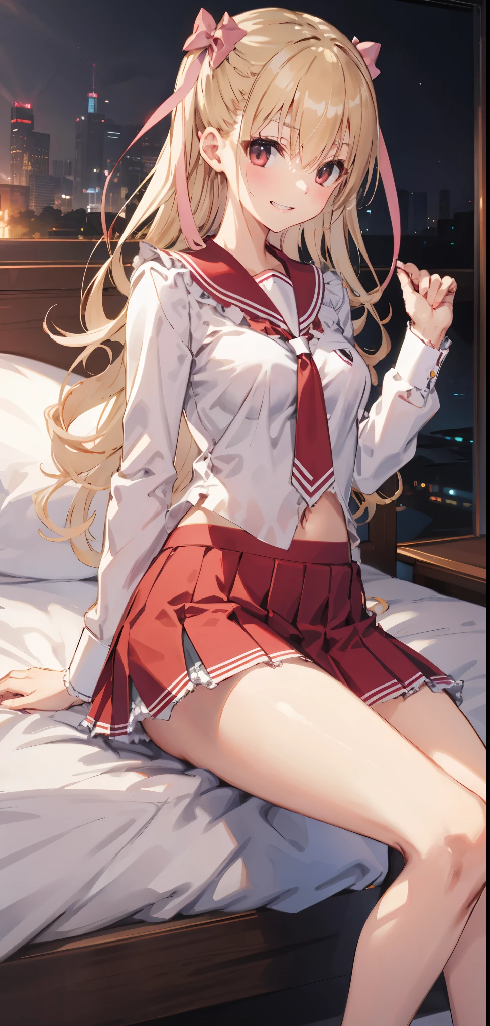 masterpiece, highest quality, High resolution, teacher, Long Hair, Blonde, Both sides up, Hair Ribbon, Pink Ribbon,, serafuku, Sailor collar, tie, A tight fitting white shirt that fits perfectly, Long sleeve, Red Skirt, Are standing, Cowboy Shot, bedroom、An evil, lewd laugh:1.2、Very short skirt、Panties、Sitting on the bed and crossing your legs、Inviting hand、
