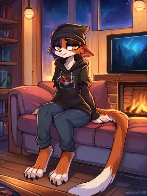 (best quality, masterpiece:1), solo, (shaded face:1.2), furry female anthro meowskulls, (noseless:1.1), sitting on couch, living room, tail, medium breasts, bored, looking away, closed mouth, ((Correct anatomy))), (mocking smile), (shivering:1.2), half-clo...