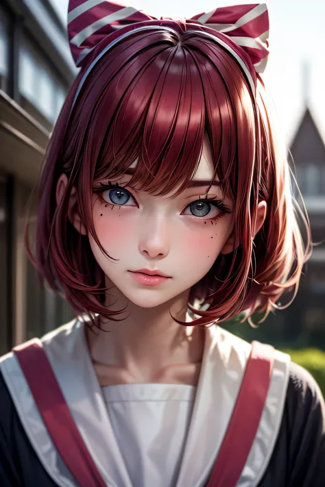 ski style, one girl, alone, pink hair, black eye, wing, view your viewers, mole, bangs, short hair, bow, sailor collar, simple s...