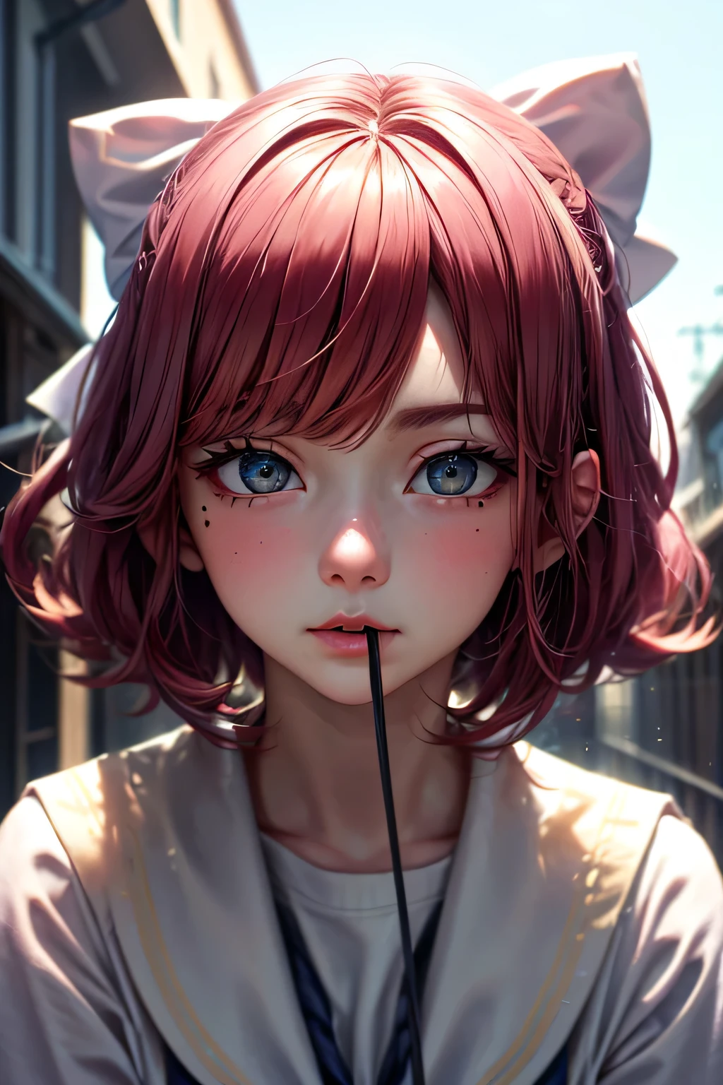 ski style, One girl, alone, Pink Hair, black eye, wing, View your viewers, Mole, bangs, short hair, bow, Sailor collar, Simple school background, white Sailor collar, Mole under mouth, hair bow, pink bow, Mouth closed, shirt, white shirt, Bobcut, Portraiture, compensate, Upper Body, (Background of the school building)､(Dynamic pose＿random), masterpiece, 最high quality, high quality, High resolution, (Face close-up)､  (((Background in front of the school building)))､Refreshing blue sky