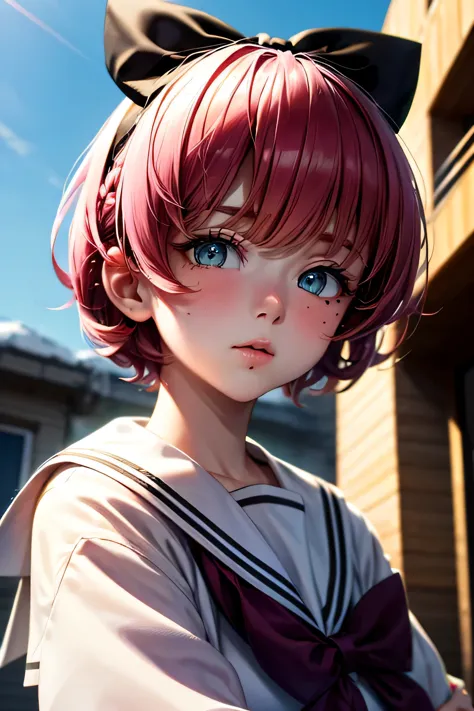 ski style, one girl, alone, pink hair, black eye, wing, view your viewers, mole, bangs, short hair, bow, sailor collar, simple s...