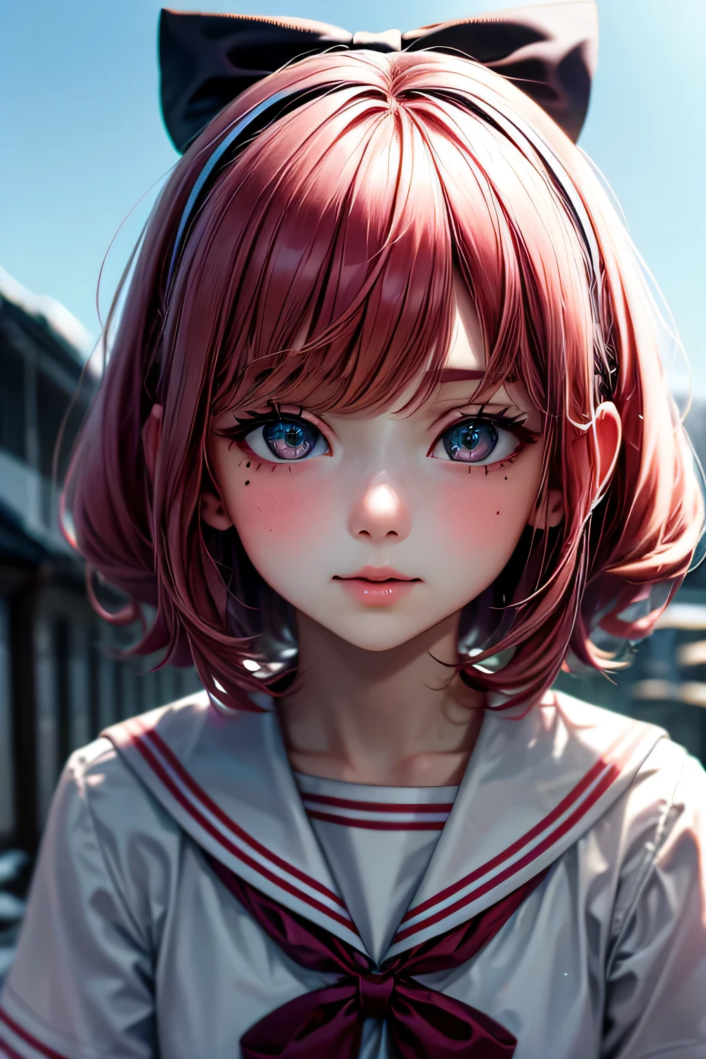 ski style, One girl, alone, Pink Hair, black eye, wing, View your viewers, Mole, bangs, short hair, bow, Sailor collar, Simple school background, white Sailor collar, Mole under mouth, hair bow, pink bow, Mouth closed, shirt, white shirt, Bobcut, Portraiture, compensate, Upper Body, (Background of the school building)､(Dynamic pose＿random), masterpiece, 最high quality, high quality, High resolution, ((Background in front of the school building))､(Refreshing blue sky)､(((Upper Bodyのポートレート)))