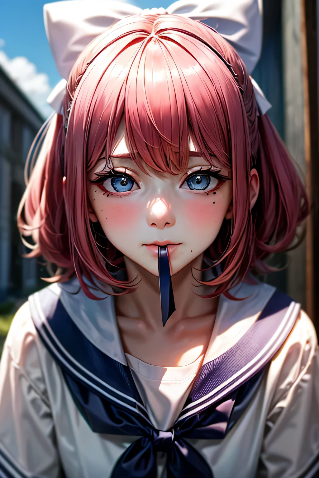 ski style, One girl, alone, Pink Hair, black eye, wing, View your viewers, Mole, bangs, short hair, bow, Sailor collar, Simple school background, white Sailor collar, Mole under mouth, hair bow, pink bow, Mouth closed, shirt, white shirt, Bobcut, Portraiture, compensate, Upper Body, (Background of the school building)､(Dynamic pose＿random), masterpiece, 最high quality, high quality, High resolution, ((Background in front of the school building))､(Refreshing blue sky)､(((Upper Bodyのポートレート)))､View from above