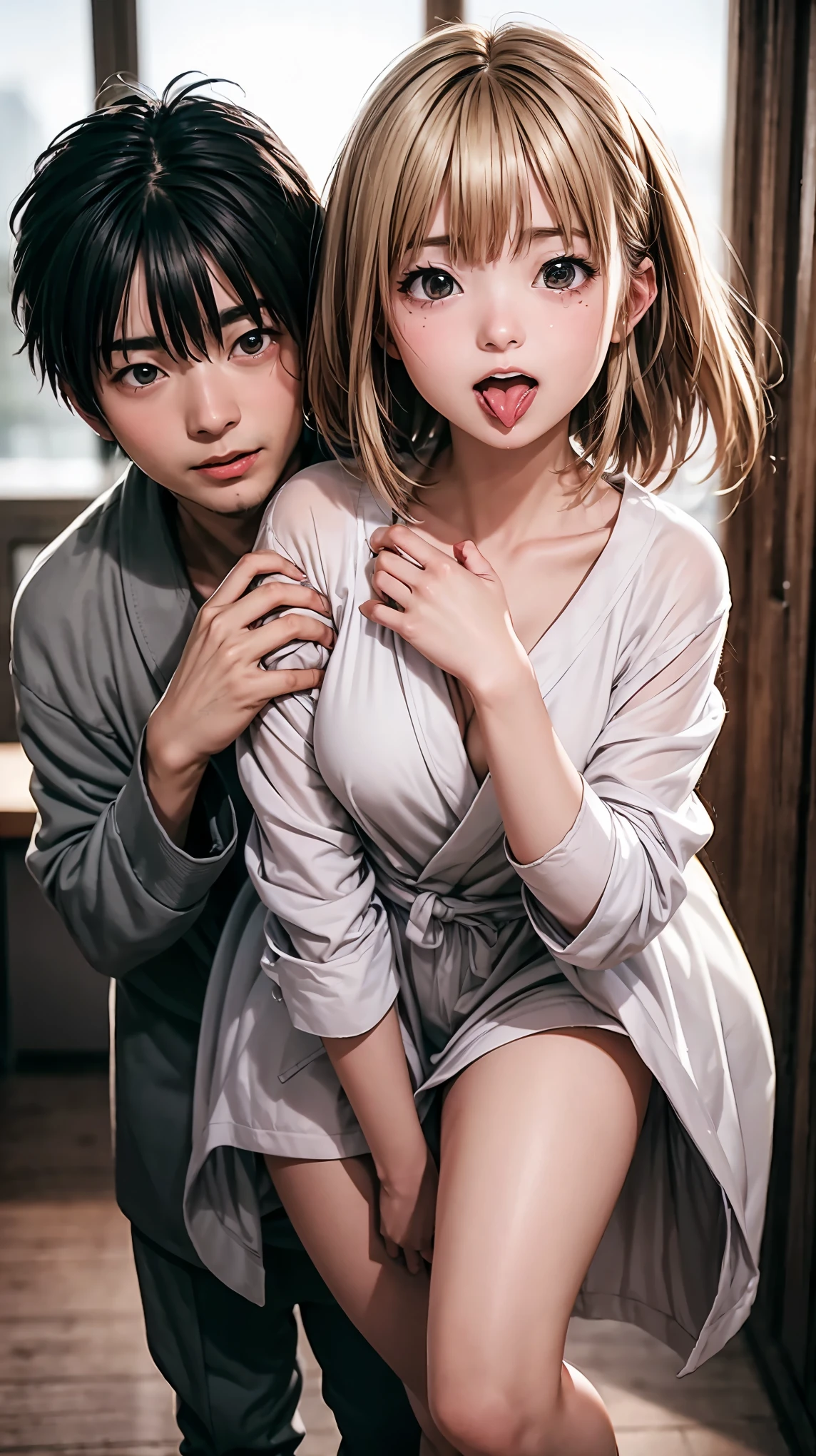 highest quality、4K quality、Man Attacking、Reluctant blonde in a bathrobe、slender、Small face、A woman sucks a man&#39;s genitals（1.9）、The man presses his hips against the woman（1.7）、Open your mouth（1.8）、Sticking out tongue（1.8）、Tears（1.7）、