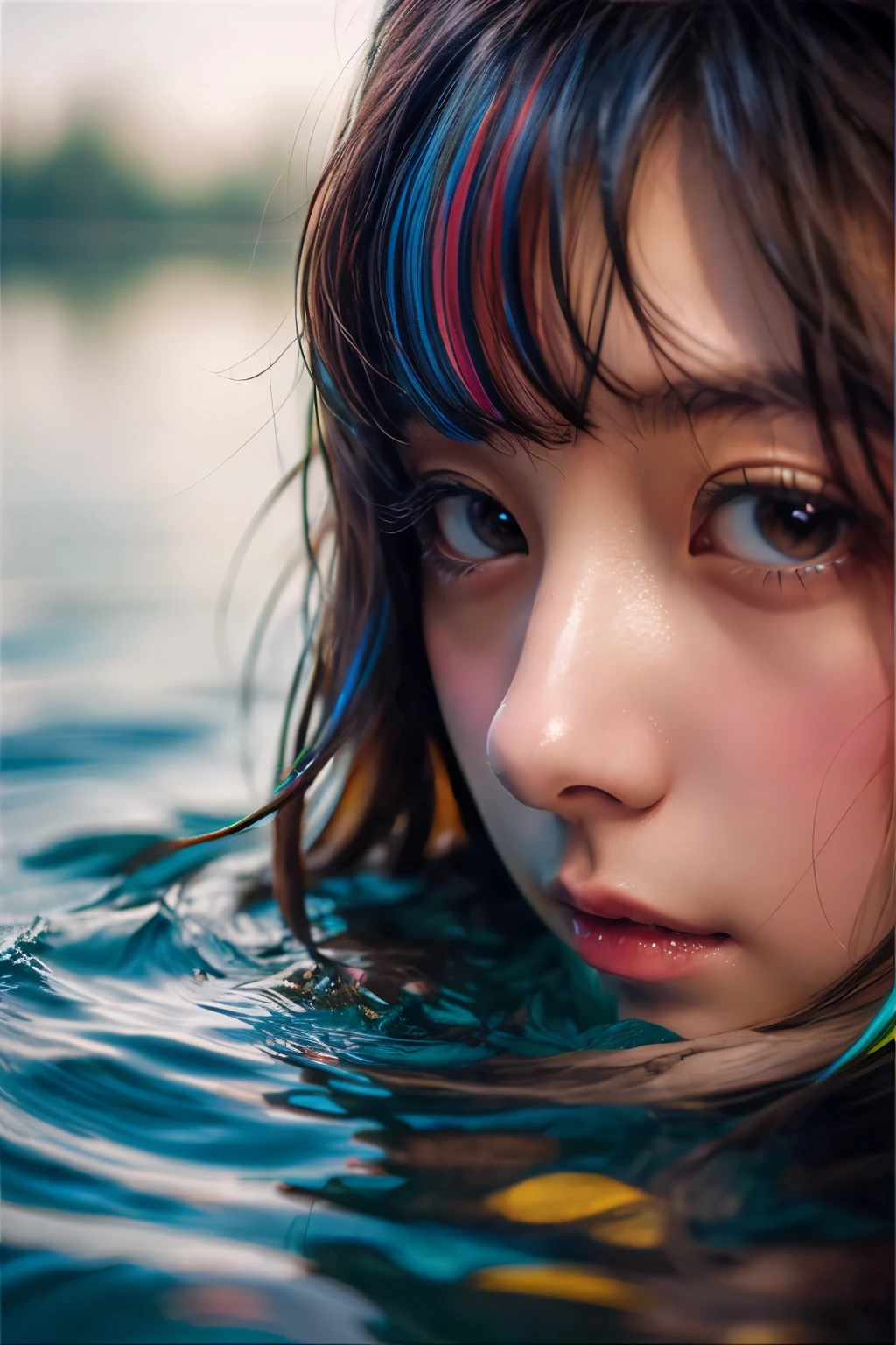 (close up:1.2), (topless:1.2), (masterpiece、highest quality、Official Art:1.2)、(colorful)、See who&#39;s watching、1 girl、Portraiture、alone、Colorful floating on water、Random sexy poses、peekaboo