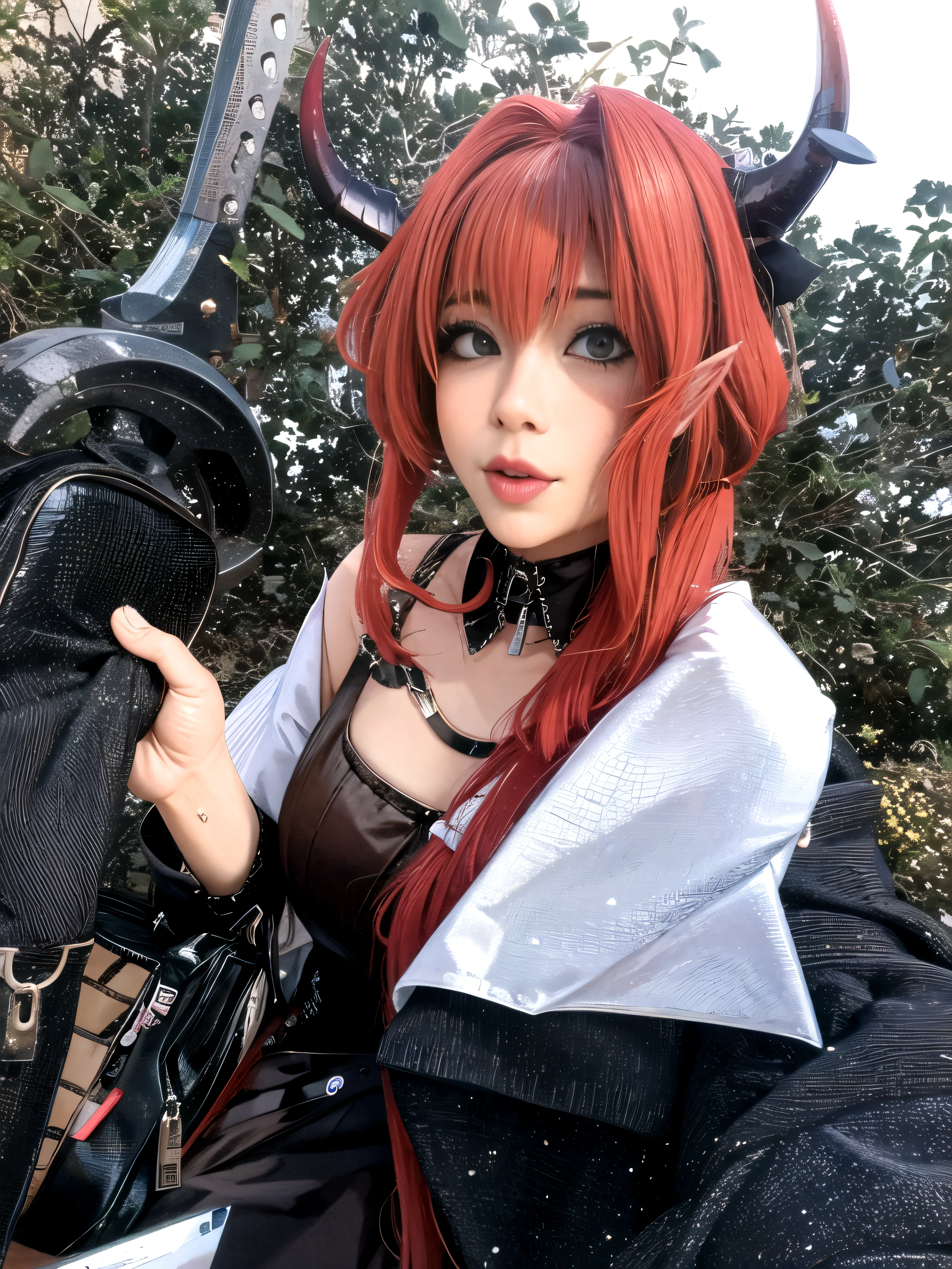 With red hair and horns、There is a woman carrying a bag, anime girl Cosplay, anime Cosplay, Cosplay, Rias Gremory, Cosplayer, Cosplay photo, sakimichan, Kanriu 666, professional Cosplay, Gothic Maiden Anime Girl, full-Cosplay, Devil Anime Girl, From Arknights, Real life anime girls, 8k))