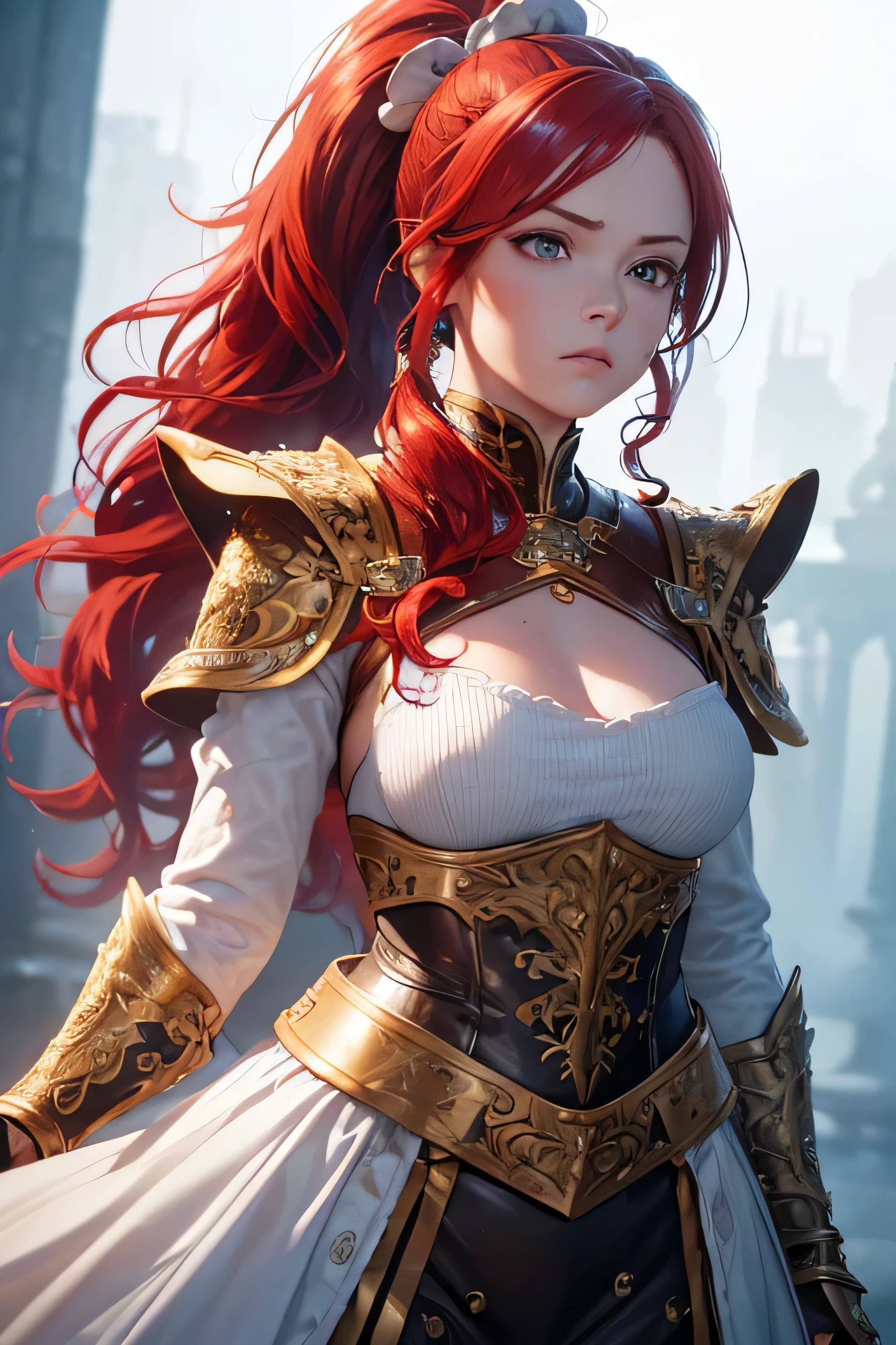(8k, RAW photo, best quality, masterpiece:1.2), (realistic, photo-realistic:1.4), (extremely detailed CG unity 8k wallpaper), a full body (rogue:1.1) female wearing gold (leather armor:1.3), stiched worn out armor, (insanely detailed:1.5), gold and (white:1.5), Concept art portrait by Greg rutkowski, Artgerm, hyperdetailed intricately detailed gothic art trending on Artstation, fantastical, intricate detail, (small blue highlights:1), (redhead, wavy hair, high ponytail: 1.4)