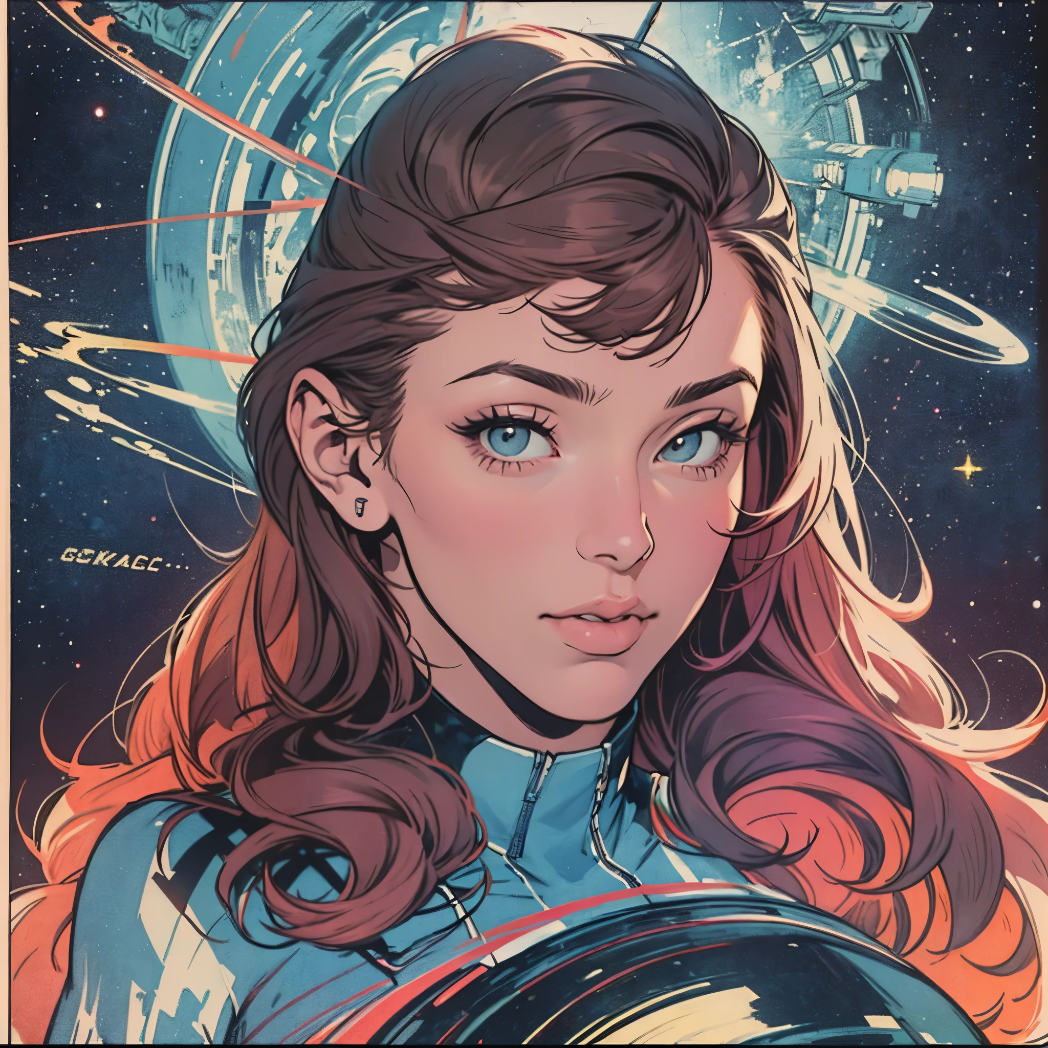 ultimate best quality,beautiful woman,speech bubble,big brest,galaxy,60s,70s,80s,colorful,cosmo,space,