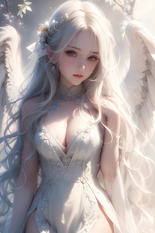 (White Wings 1.2),(White feathers falling in the background 1.1)， （（masterpiece））， （detailed：1.4），Realistic、 beautiful woman images，High resolution（High Dynamic Range），Ray Tracing，NVIDIA，Super Resolution，PBR Textures，Post-processing，Anisotropic Filtering，Maximum depth of field resolution and crisp layered textures，Albedo and Specular Maps，surface shading，Accurate simulation of material interactions，Perfect balance，Rendering with Octane，2-color light，Large Diameter，Low ISO，White balance，Rule 3 points、8K raw data、Backlight、Beautiful white and shining skin、White hair that changes with the light、Long bangs obstruct the view、Highlights of cheek luster、Sexy and very beautiful and lovely face、The most beautiful face in the world、Super long and gorgeous white hair、Smooth straight hair、White hair blowing in the wind、big, Sparkling light blue eyes、Beautiful Bangs、Beautiful cute girl 25 years old、Enchanted Valley、Beautiful dress、Sideways to this