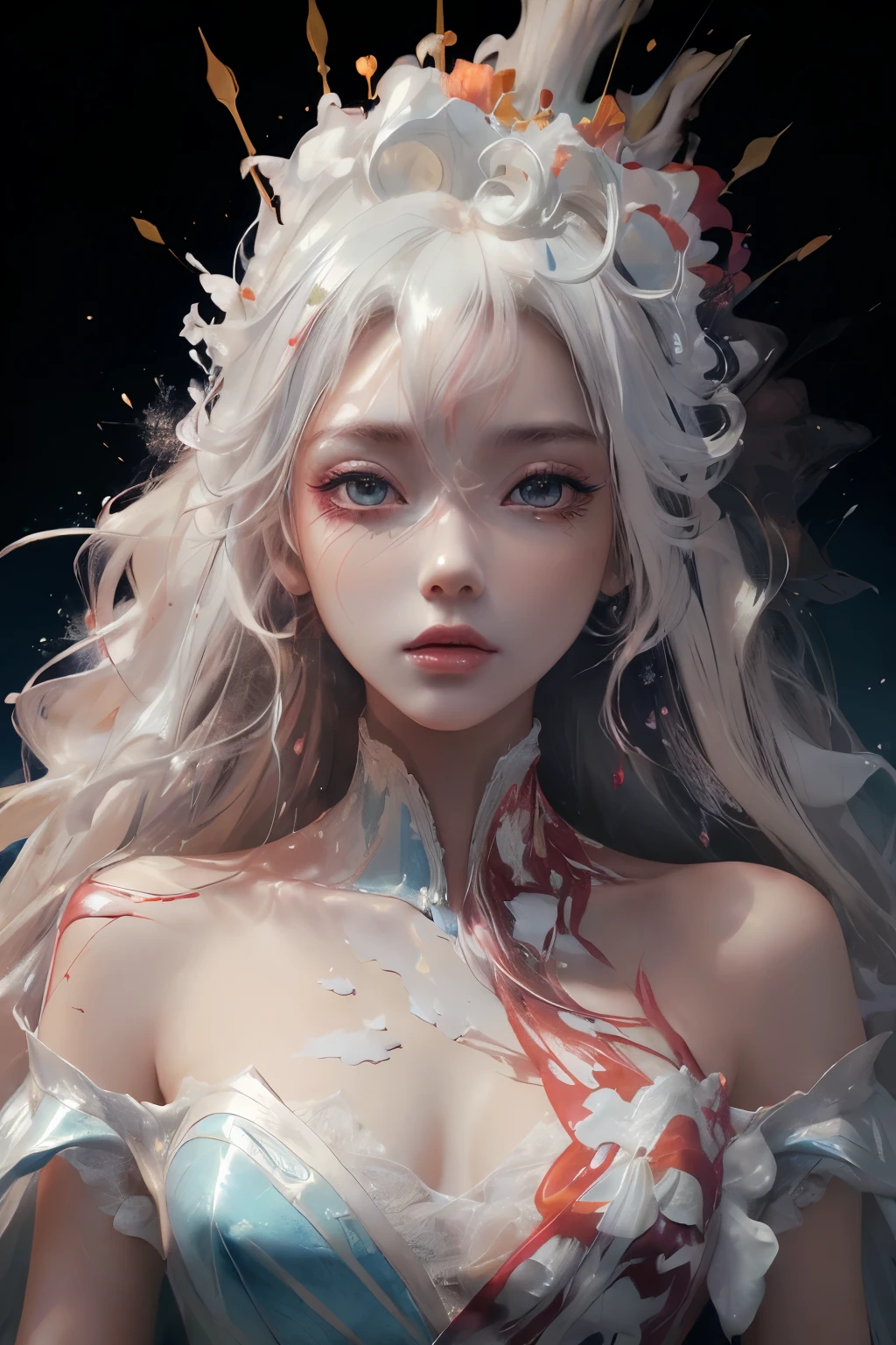 Gabinete superior、ultra-alta definição、 ((female Brilhante alien princess)), (longo, Cabelo branco esvoaçante), (olhos vermelhos brilhantes e bonitos), tendências no ArtStation, João＝Aunor Fragonard&#39;s「Flores da esperança」, Peter Mohrbacher, super detalhado, detalhes insanos, Incrível, Complex, elite, Arte Nova, Brilhante, cera líquida, elegante, luxo, Greg Rutkowski, estilo de tinta, Adesivos, arte vetorial lindo design de personagens, foto de dupla exposição, Design brilhante, Prêmios, obra de arte, Amolado em um fundo preto, （8K，Fotos RAW， 最alta qualidade， obra de arte：1.2），（realisticamente， Foto Real：1.4)，Esconda seu rosto com tristeza， Lolita Costume，Corrida， Aerith Gainsborough， tronco，Parte superior da perna，Corrida， roupa de baixo，ombros nus expostos， fora， (fora，coberto de neve，Cape，) alta qualidade， Adobe Lightroom， pele altamente detalhada， Veja seus espectadores，