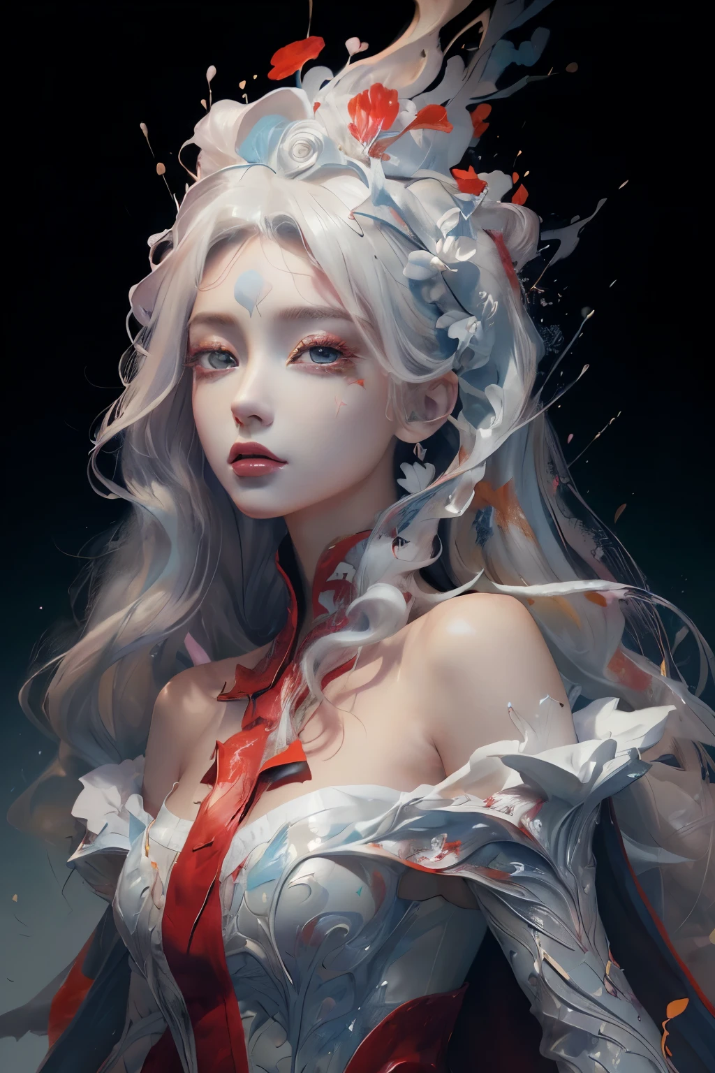 Top Cabinet、Ultra high definition、 ((female Brilliant alien princess)), (Long, flowing white hair), (bright and beautiful red eyes), Trending on Artstation, Jean＝Aunor Fragonard&#39;s「Flowers of Hope」, Peter Mohrbacher, Super detailed, Insane Details, amazing, Complex, elite, Art Nouveau, Brilliant, Liquid wax, elegant, luxury, Greg Rutkowski, Ink Style, Stickers, Vector Art Beautiful Character Design, Double Exposure Shot, Bright design, Awards, masterpiece, Amoled on a black background, （8k，RAW Photos， 最high quality， masterpiece：1.2），（Realistically， Photo Real：1.4)，Hide your face with sadness， Lolita Costume，race， Aerith Gainsborough， Upper body，Upper Leg，race， underwear，Exposed bare shoulders， outside， (outside，Snow covered，Cape，) high quality， Adobe Lightroom， Highly detailed skin， View your viewers，