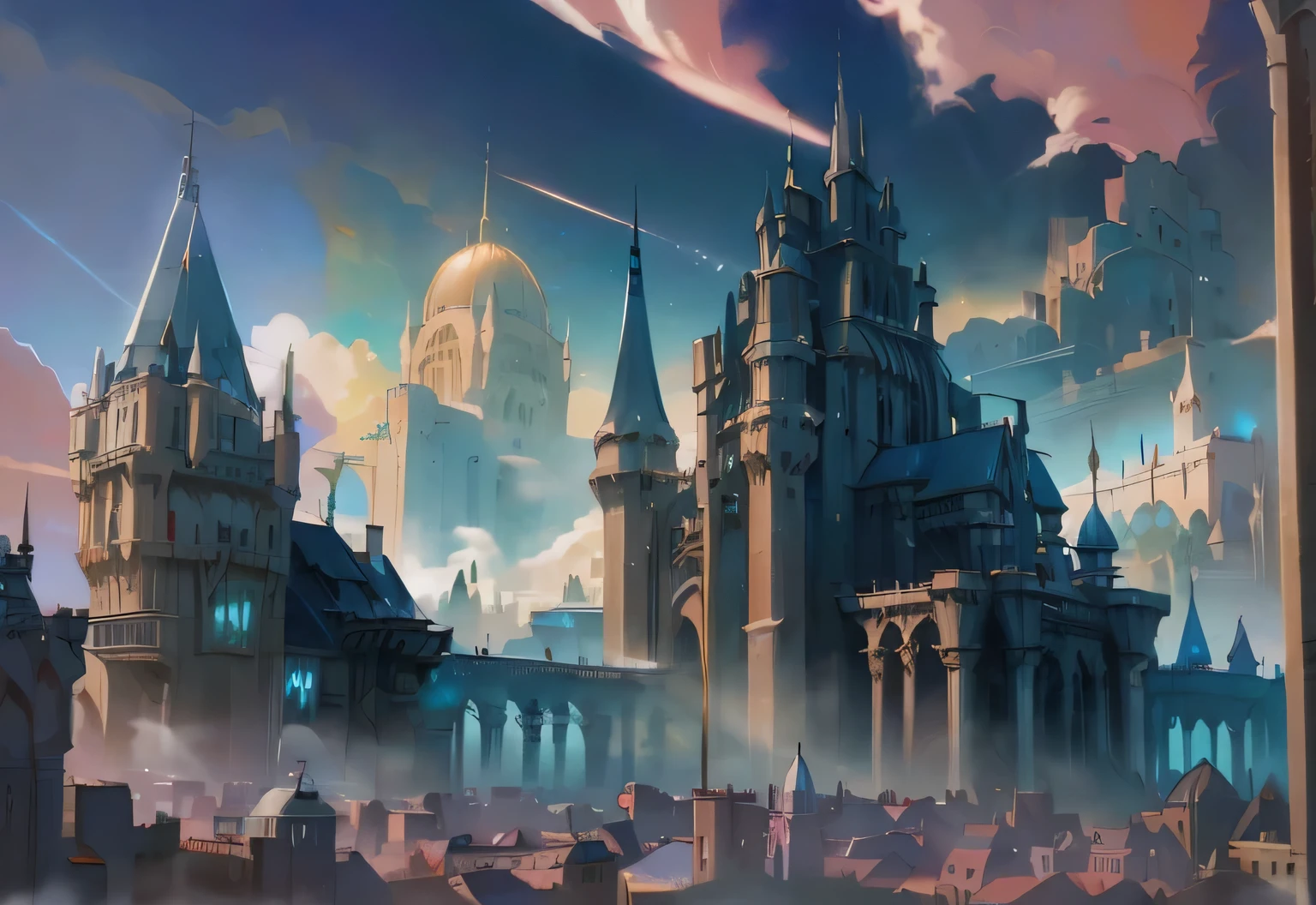 Fantasy world, fantasy art, fantasy architecture, concept art, luxury matte painting, high fantasy matte painting, background is the star, futuristic cityscape, high fantasy castle in the middle of the city, futuristic castle, high spire magnificent castle with blue sky, clouds, Rivendell, elven palace in the distance,