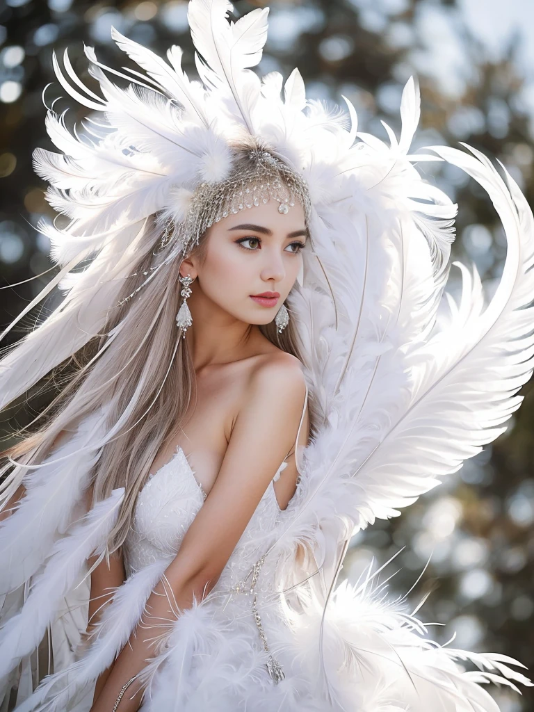 Mujer con vestido blanco, tocado de plumas y piercing en la oreja, pelo de plumas ornaments, pelo de plumas, plumas blancas, chica con plumas, pelo emplumado, Joyería para el cabello, usando un vestido de plumas, primer plano retrato, pendiente de pluma, tocado de plumas, Alas de telaraña blanca, adornado con plumas, pluma suave, pelo rojo plumoso