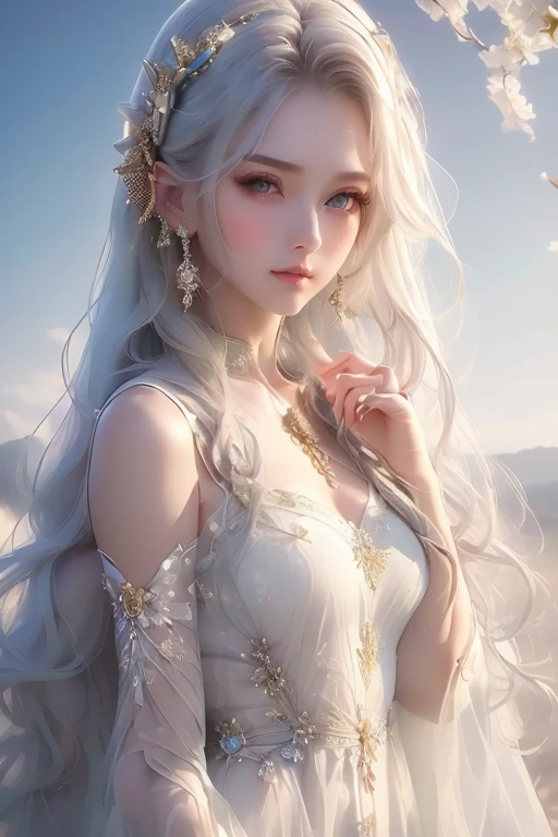 Official Art, masterpiece, Sharp focus, (Beautiful gorgeous and cute woman:1.3), (Beautiful and cute woman:1.3), Delicate and beautiful hair, eyes and face, Realistic, Very detailed, Beautiful woman, blue sky, (Side light:1.2), sunlight, White cloud, Delicate clouds, thin, ((Smile with your eyes, Please open your eyes)), landscape, Straight long hair, building, (Vision View:1.7), Dynamic Hair, Detailed Platinum Black Hair, Sparkling blue eyes, ((Non-exposing white long dress 1.5)), Pale skin, Gold decoration, 雄大な寺院のlandscape, Sacred atmosphere, White Veil
