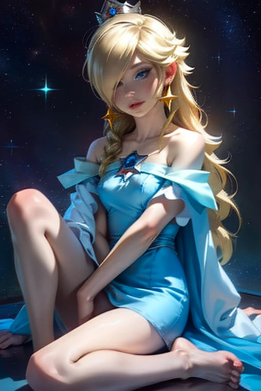 (masterpiece), highest quality, Expressive eyes, Perfect Face, High resolution, 1 girl, alone, Rosalina, Blonde, blue eyes, Hair on one eye, Long Hair, blue dress, Crown, dress, Earrings, jewelry, Princess, Robe, Exposing shoulders, barefoot, star Earrings, space, Starry sky background, Glowing particles, Good lighting, Sitting on the floor, Portraiture, Looking at the audience