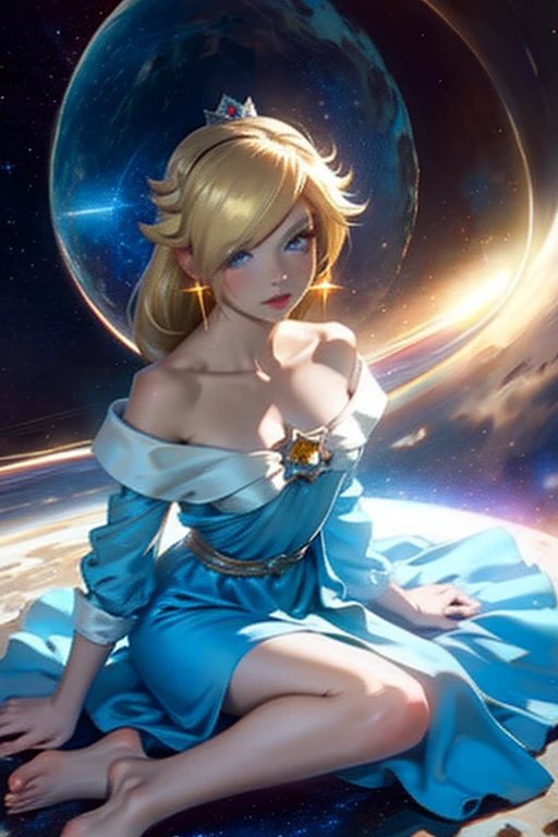 (masterpiece), highest quality, Expressive eyes, Perfect Face, High resolution, 1 girl, alone, Rosalina, Blonde, blue eyes, Hair on one eye, Long Hair, blue dress, Crown, dress, Earrings, jewelry, Princess, Robe, Exposing shoulders, barefoot, star Earrings, space, Starry sky background, Glowing particles, Good lighting, Sitting on the floor, Portraiture, Looking at the audience