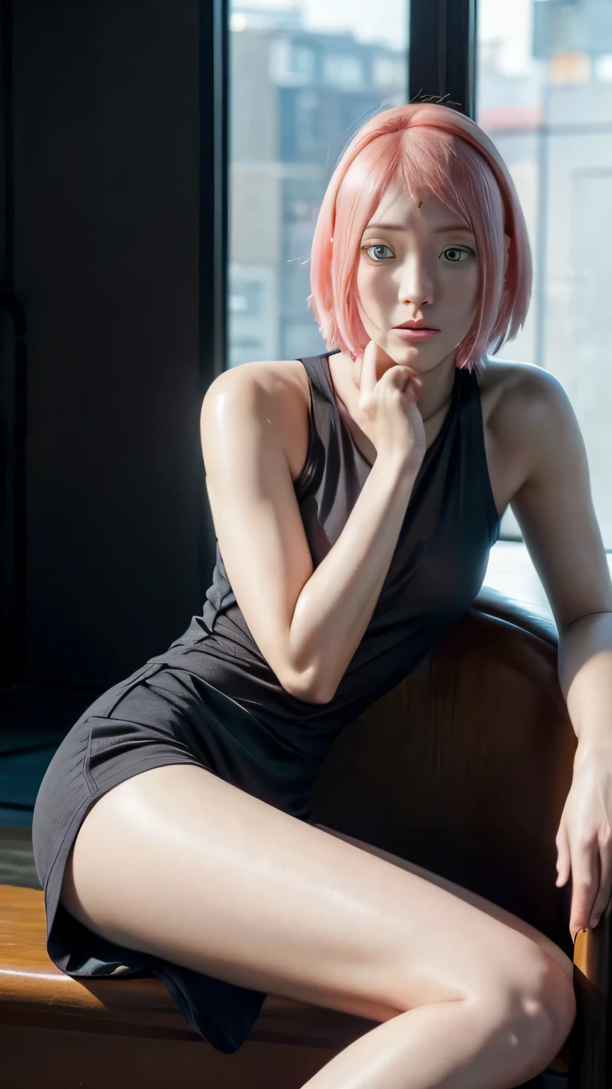 masterpiece, ,(solo:1.1), perfect face, (bright lighting:1.2),beautiful detailed eyes, extremely detailed face, perfect lighting,masterpiece, best quality, 1girl,haruno sakura, M-shaped spread legs, black short pants, black tanktop