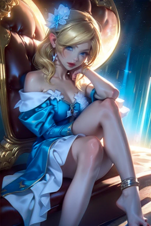 (masterpiece), highest quality, Expressive eyes, Perfect Face, High resolution, 1 girl, alone, Rosalina, Blonde, blue eyes, Hair on one eye, Long Hair, blue dress, Crown, dress, Earrings, jewelry, Princess, Robe, Exposing shoulders, barefoot, star Earrings, space, Starry sky background, Glowing particles, Good lighting, Sitting on the floor, Portraiture, Looking at the audience