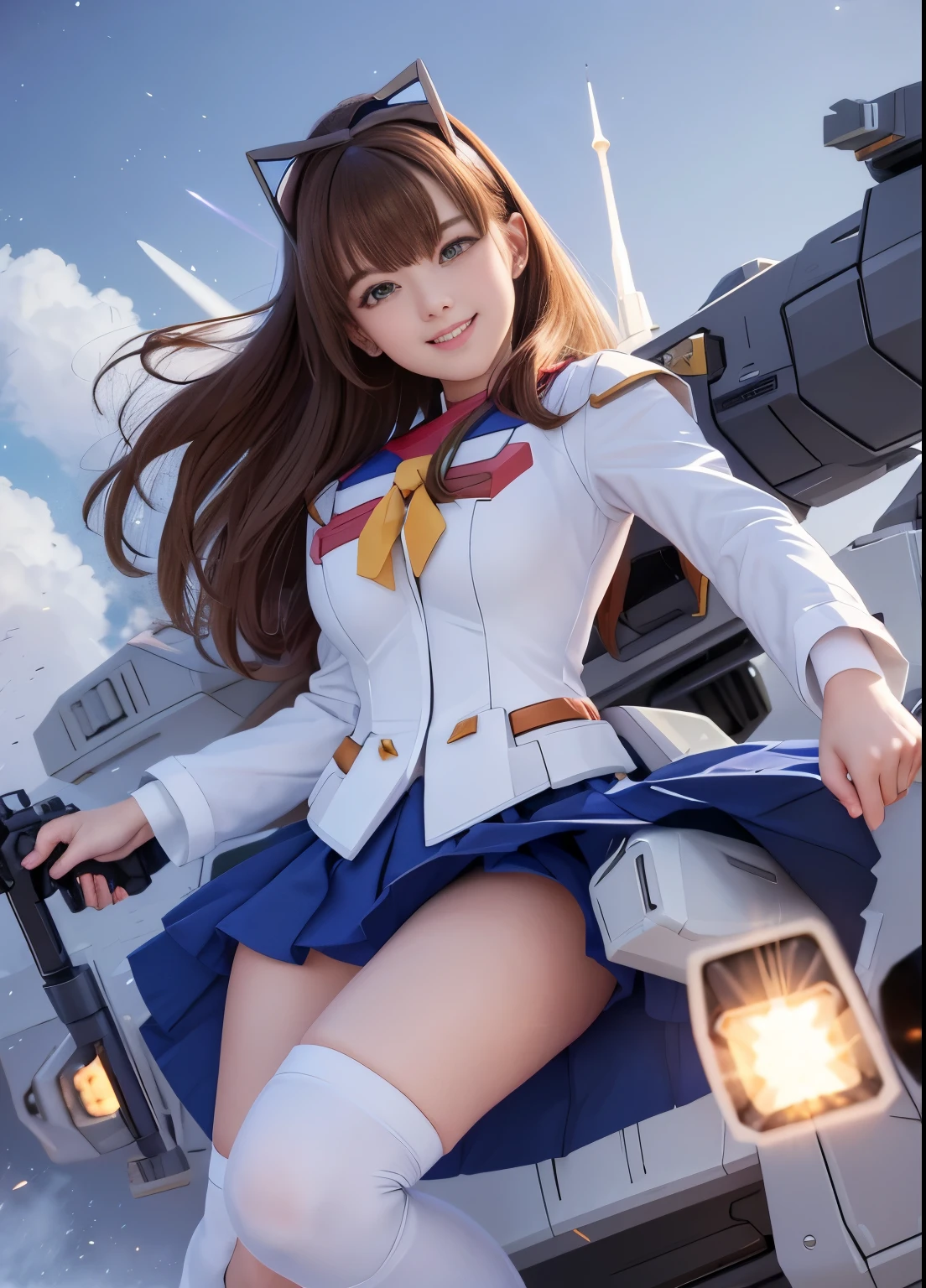 (highest quality), (masterpiece), Mobile Suit Gundam F91 personification, Browsing Caution, Great highlights on the upper body, Powerful Mech, Beam rifle,  Girl, 21 years old, Baby Face, Beautiful Eyes, Modest nose, Neat, smile, Absolute area, Moist、Slightly thick thighs, Short skirt, Leg spread, whole body, universe, Battle scene with enemy,
