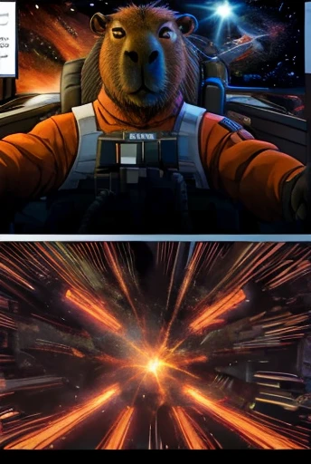 cockpit view, anthro (capybara:1.3) in rebel pilot suit, space battle, lasers, cartoon style anime