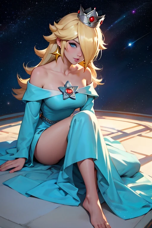 (masterpiece), highest quality, Expressive eyes, Perfect Face, High resolution, 1 girl, alone, Rosalina, Blonde, blue eyes, Hair on one eye, Long Hair, blue dress, Crown, dress, Earrings, jewelry, Princess, Robe, Exposing shoulders, barefoot, star Earrings, space, Starry sky background, Glowing particles, Good lighting, Sitting on the floor, Portraiture, Looking at the audience