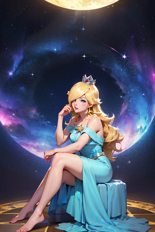 (masterpiece), highest quality, Expressive eyes, Perfect Face, High resolution, 1 girl, alone, Rosalina, Blonde, blue eyes, Hair on one eye, Long Hair, blue dress, Crown, dress, Earrings, jewelry, Princess, Robe, Exposing shoulders, barefoot, star Earrings, space, Starry sky background, Glowing particles, Good lighting, Sitting on the floor, Portraiture, Looking at the audience