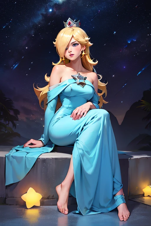 (masterpiece), highest quality, Expressive eyes, Perfect Face, High resolution, 1 girl, alone, Rosalina, Blonde, blue eyes, Hair on one eye, Long Hair, blue dress, Crown, dress, Earrings, jewelry, Princess, Robe, Exposing shoulders, barefoot, star Earrings, space, Starry sky background, Glowing particles, Good lighting, Sitting on the floor, Portraiture, Looking at the audience