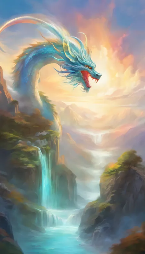 Landscape painting，White rainbow background，giant chinese dragon white in the air,a huge gem grows,sparkling water and ice