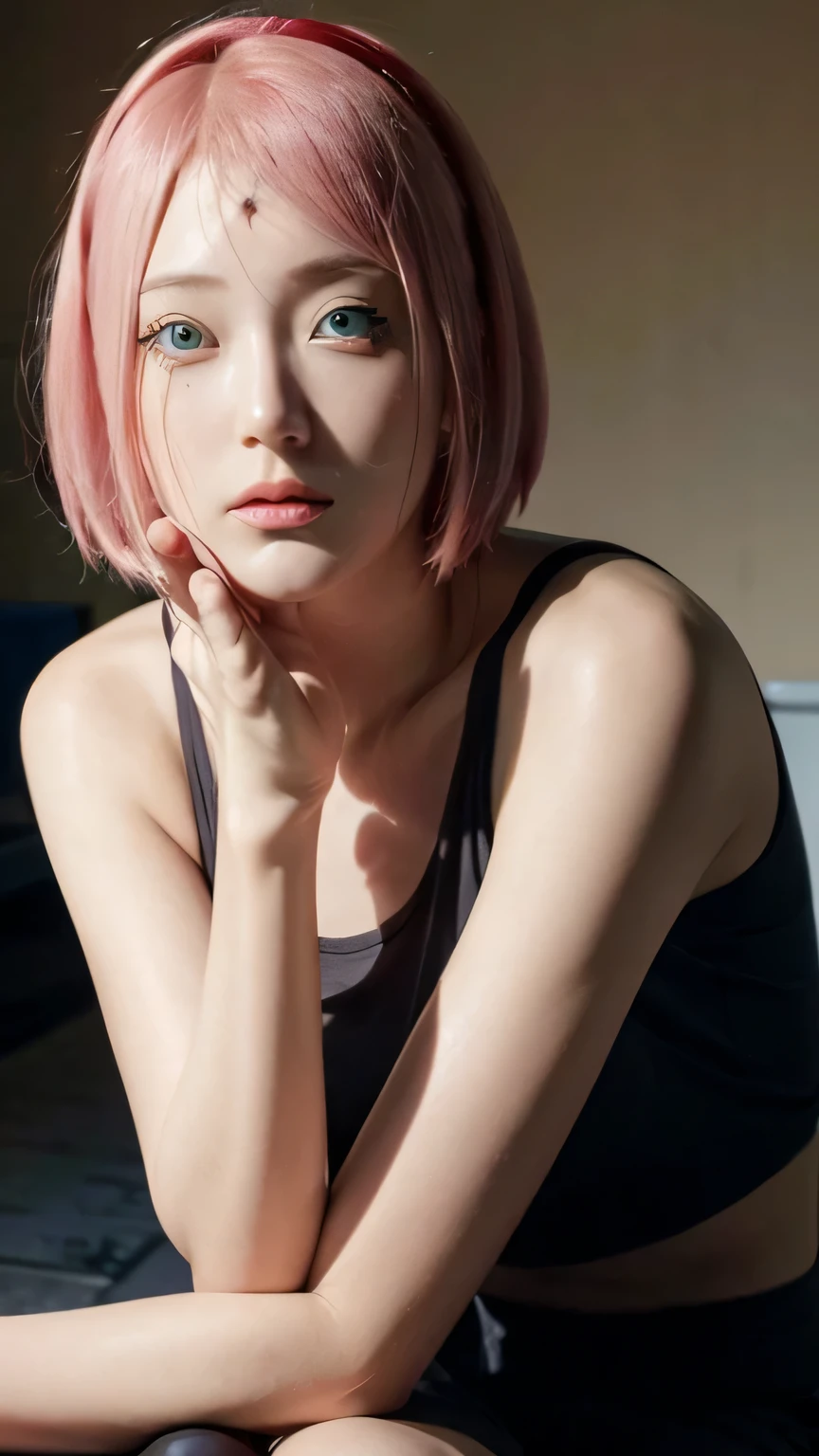 masterpiece, ,(solo:1.1), perfect face, (bright lighting:1.2),beautiful detailed eyes, extremely detailed face, perfect lighting,masterpiece, best quality, 1girl,haruno sakura, eyes blinking sideways, sexy pose, black short pants, black tanktop