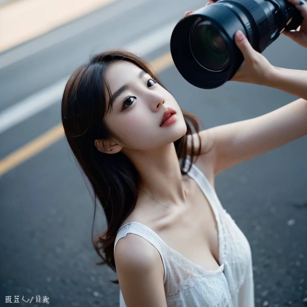 Gravure - A close up of a woman holding a camera in her hand - SeaArt AI