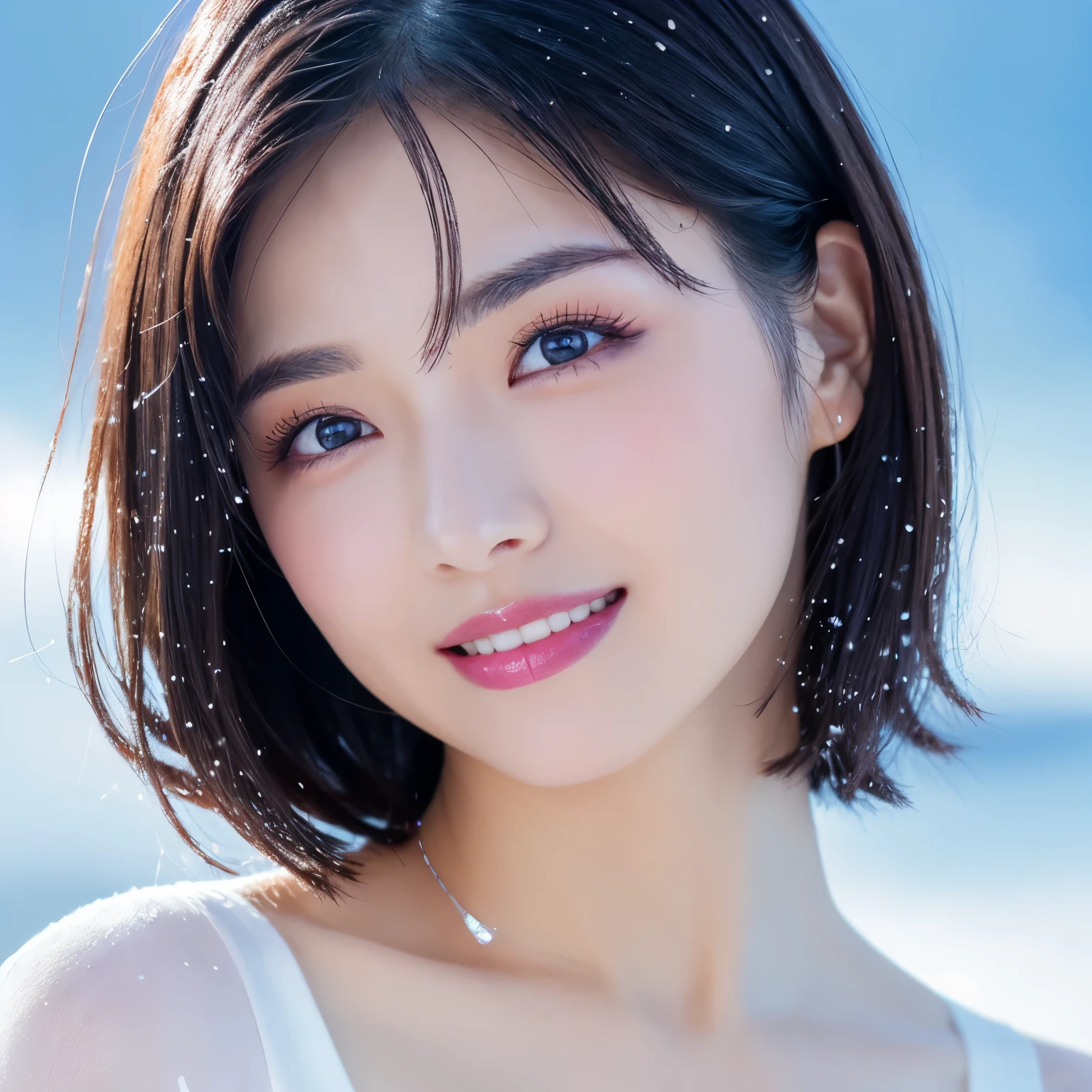 (highest quality、Tabletop、8k、Best image quality、Award-winning works)、1 girl、Face close-up、Look at me and smile、Strapless micro bikini in the middle of winter:1.8、(frozen snow field in winter:1.1)、Icy ground、(Amazing starry sky:1.2)、(that&#39;it&#39;s snowing:1.1)、(Tyndall effect:1.1)、Spectacular Cinema Lighting、(Accurate anatomy:1.1)、short hair、Ultra-high definition beauty face、Long eyelashes、Natural Makeup、Ultra HD Hair、Ultra-high resolution eyes、(Beautiful skin that stands out in ultra-high resolution:1.1)、Ultra-high quality glossy lips