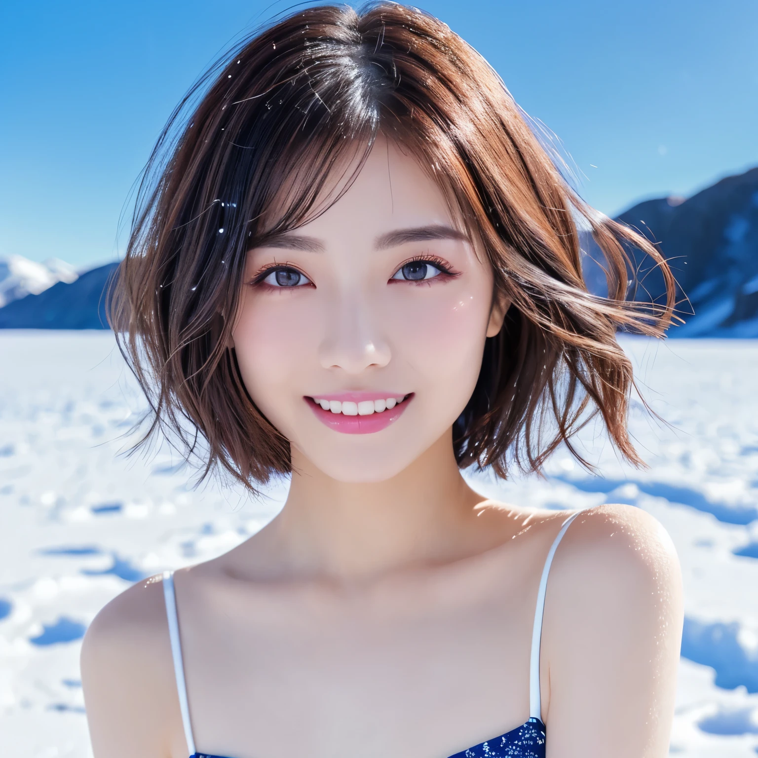 (highest quality、Tabletop、8k、Best image quality、Award-winning works)、1 girl、Face close-up、Look at me and smile、Strapless micro bikini in the middle of winter:1.8、(frozen snow field in winter:1.1)、Icy ground、(Amazing starry sky:1.2)、(that&#39;it&#39;s snowing:1.1)、(Tyndall effect:1.1)、Spectacular Cinema Lighting、(Accurate anatomy:1.1)、short hair、Ultra-high definition beauty face、Long eyelashes、Natural Makeup、Ultra HD Hair、Ultra-high resolution eyes、(Beautiful skin that stands out in ultra-high resolution:1.1)、Ultra-high quality glossy lips