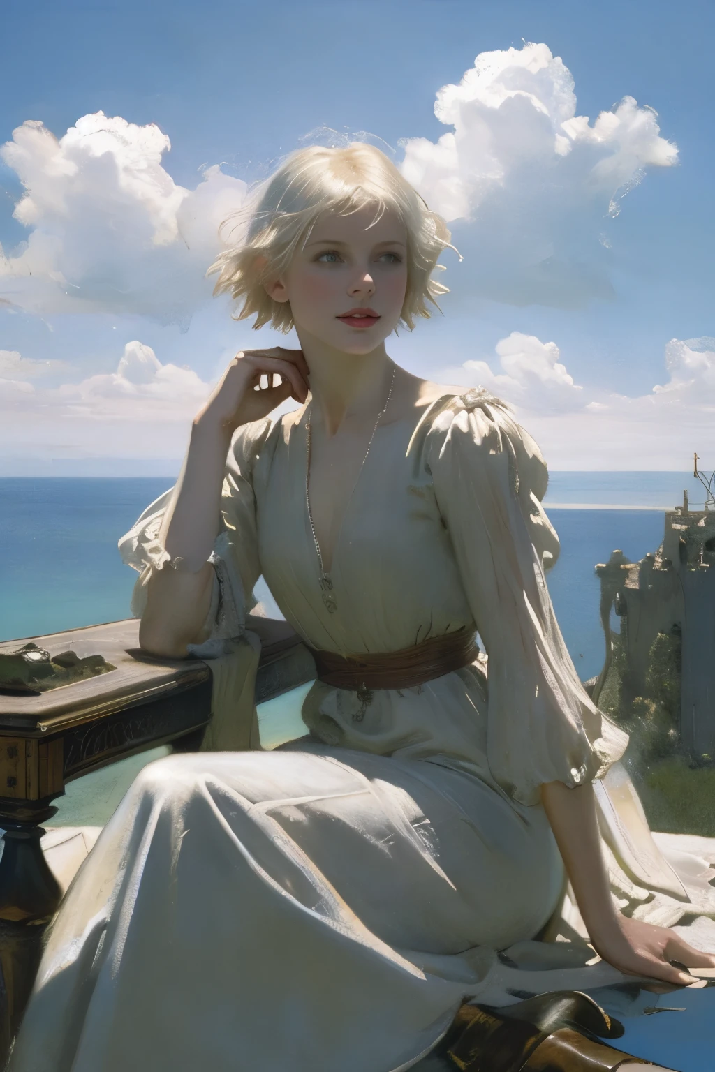 Top quality image, masterpiece, digital illustration, Mark Simonetti style, Howard Lyon, Arthur Rackham, aerial perspective, rule of thirds, beautiful Girl, pretty face, light make-up, platinum blonde short hair, sitting on, cumulus clouds, oilpainting