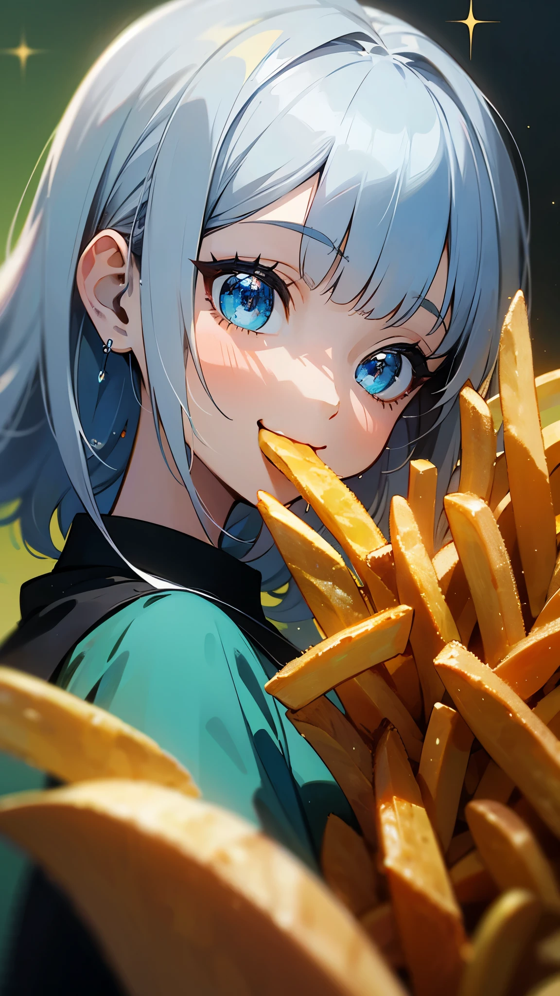 1 garota、Pintura estilo anime、close da parte superior do corpo、sorriso、de lado, Impressão, (óleo), Tons verdes e laranja、cabelo prateado, (Olhos azuis brilhantes)、comer batatas fritas