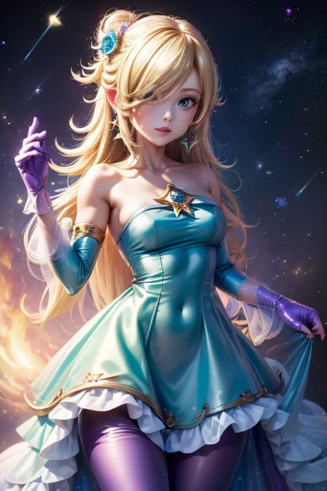 ((high resolution, highest quality, 4k, masterpiece, high resolution:1.3)), rosalina, purple dress, no sleeve, galaxy themed dre...