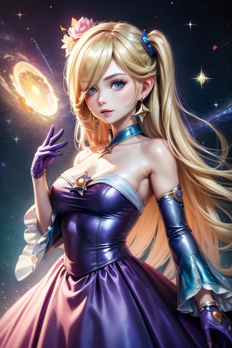 ((high resolution, highest quality, 4k, masterpiece, high resolution:1.3)), rosalina, purple dress, no sleeve, galaxy themed dre...