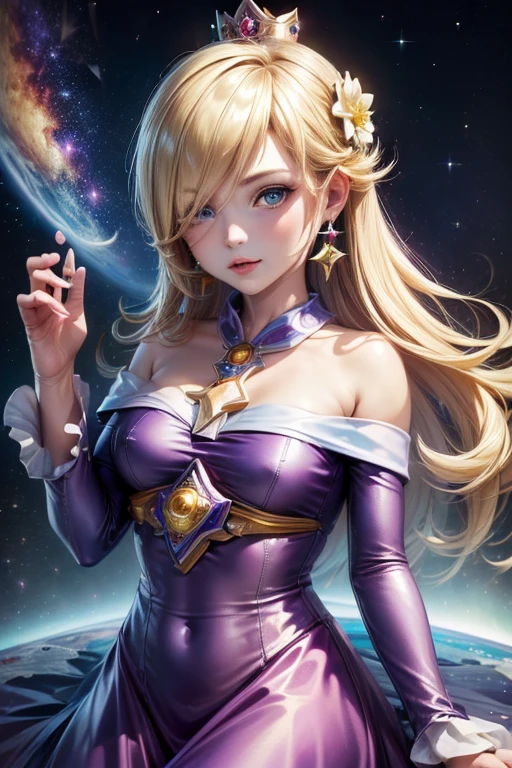 ((High resolution, highest quality, 4K, masterpiece, High resolution:1.3)), Rosalina, Purple Dress, No sleeve, Galaxy themed dress, Purple gloves, Galaxy Background