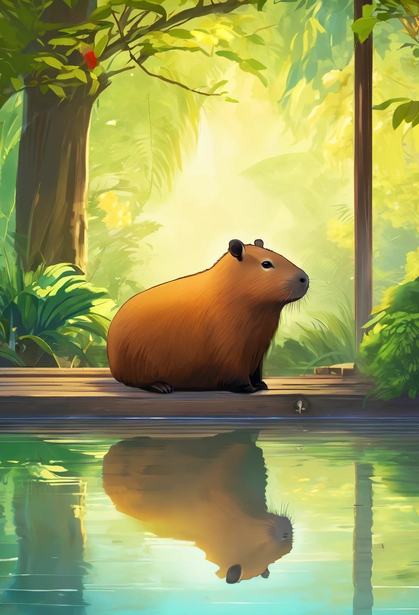 ((Hot springs with capybaras))、One Capybara:1.2、Cozy atmosphere、Rising steam、Lush vegetation、Relaxing bath、Calm colors、Ripples on a calm water surface、Calm atmosphere tranquility、A faint mist in the air、A sense of harmony and serenity、A delightful encounter with nature、A relaxing experience、A moment of blissful escape。 (highest quality、4k、8k、High resolution、masterpiece: 1.2)、Super detailed、(Real、Photorealistic、Photorealistic: 1.37)、HDR、UHD、Studio Lighting、Bright colors、Bokeh。