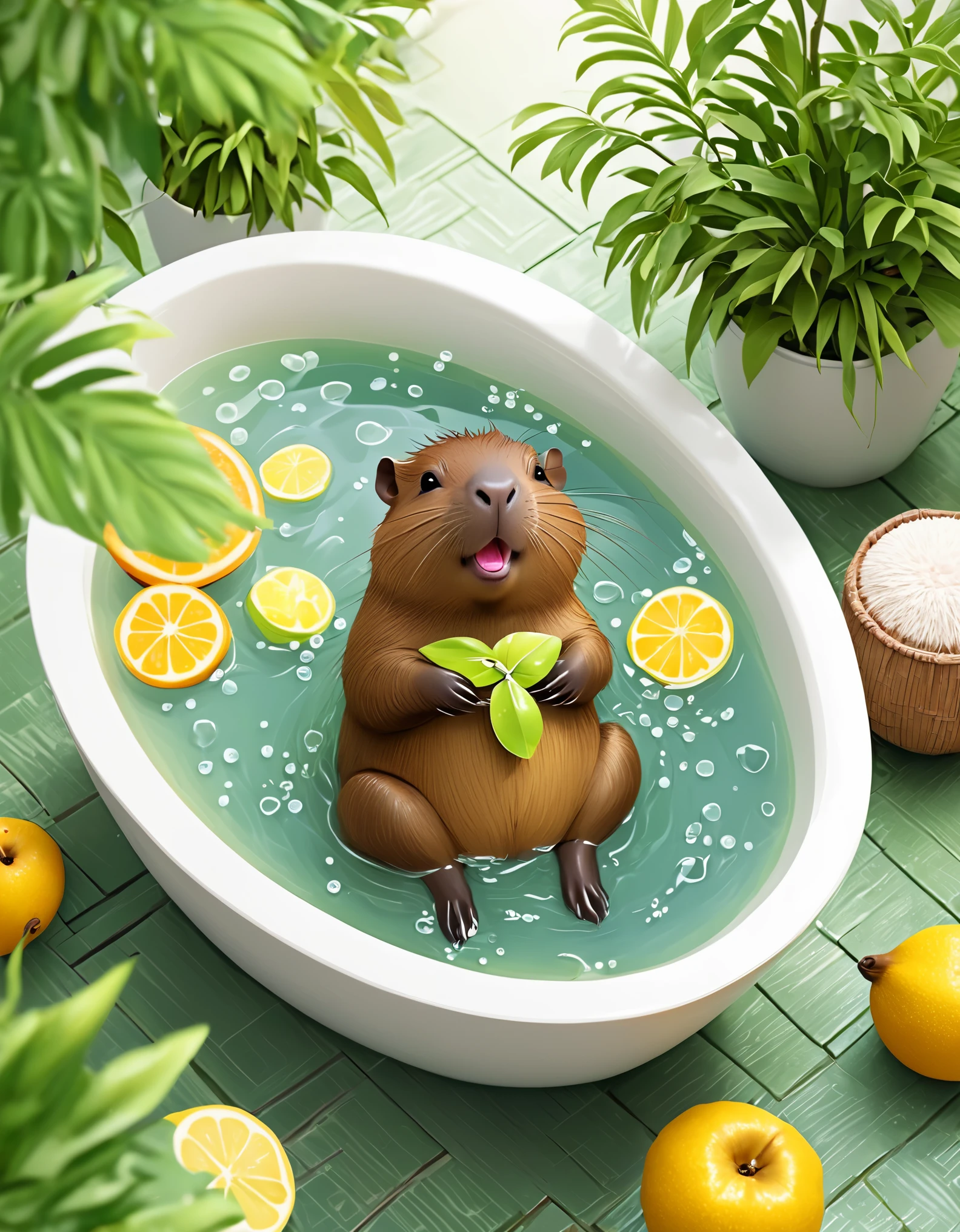 (masterpiece), (extremely intricate:1.3), A painting of a playful, adorable chibi capybara is enjoying a relaxing bath in a beautiful pond, surrounded by vibrant yuzu slices that float on the water's surface. The capybara's tiny, round body is covered in soft, fluffy fur, and it wears a small smile as it splashes around. The background of the scene is a serene, green forest with rays of sunlight filtering through the trees, casting a soft glow on the water.