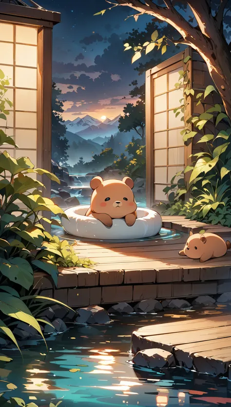 ((Hot springs with capybaras))、1 capybara:1.2、Cozy atmosphere、Rising steam、Lush vegetation、Relaxing bath、Calm colors、Ripples on ...