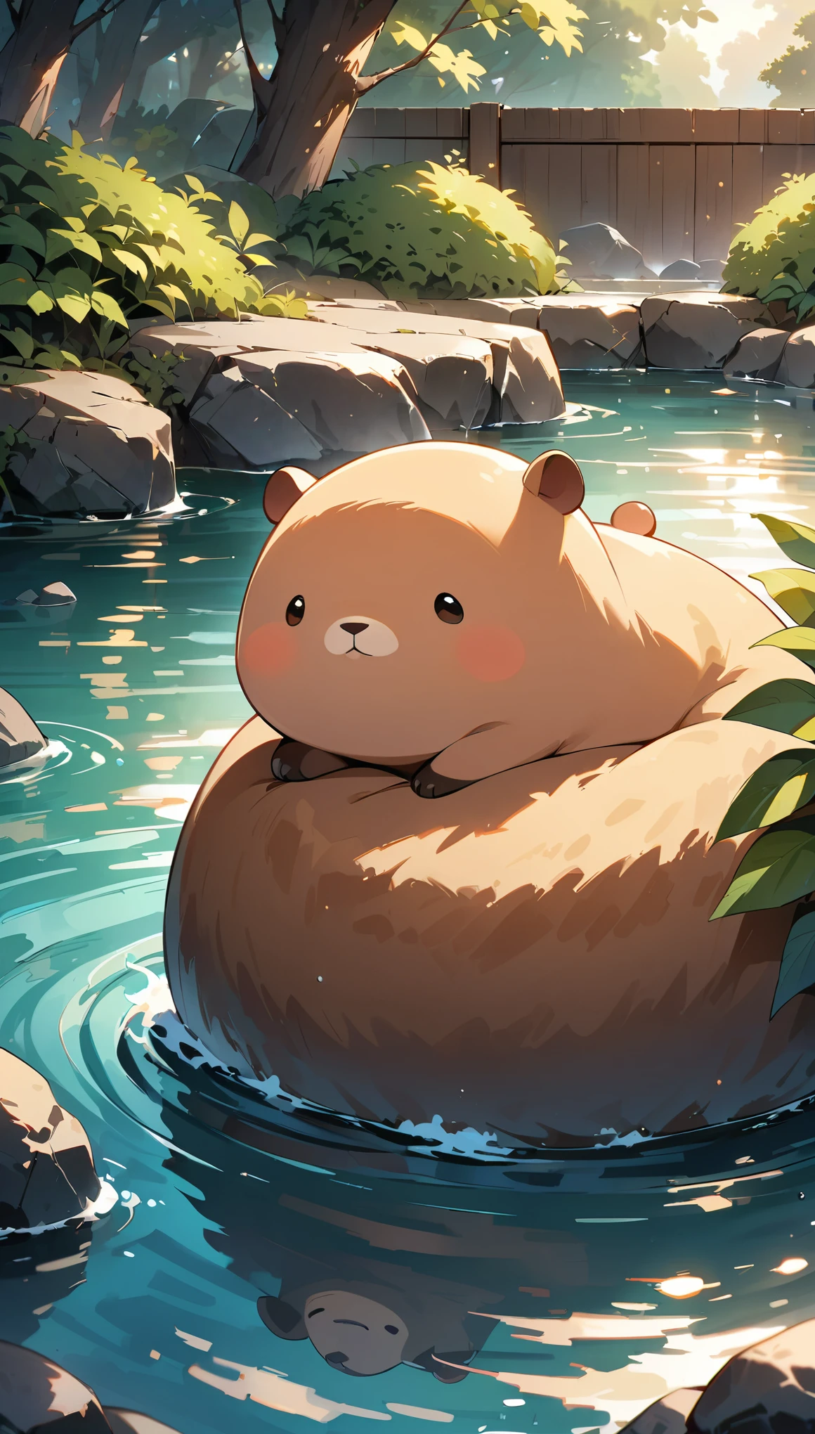 ((Hot springs with capybaras))、1 capybara:1.2、Cozy atmosphere、Rising steam、Lush vegetation、Relaxing bath、Calm colors、Ripples on a calm water surface、Calm atmosphere tranquility、A faint mist in the air、A sense of harmony and serenity、A delightful encounter with nature、A relaxing experience、A moment of blissful escape。 (highest quality、4k、8k、High resolution、masterpiece: 1.2)、Super detailed、(Chibi: 1.37)、Bright colors、Bokeh。